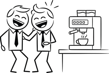 Two happy businessmen laughing together while standing next to a modern coffee machine making a fresh cup of espresso