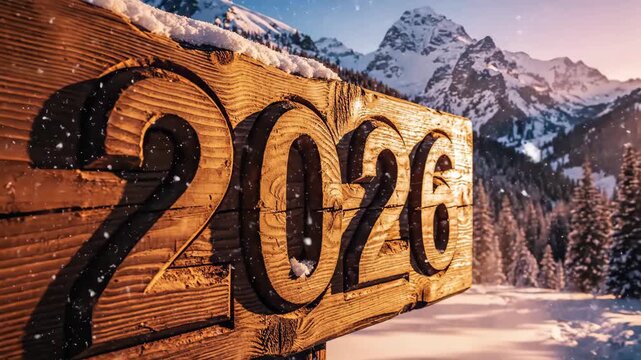 close-up wooden 2026 sign on snowy slope, warm golden sunlight on carved numbers, snow-dusted pine and timber texture, gentle snowfall, rustic holiday mood and hopeful new year optimism.