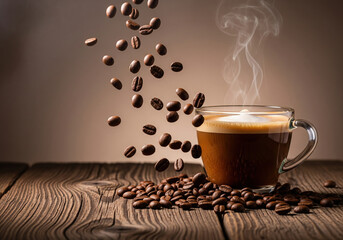 Cup of hot steaming coffee with falling roasted beans on a rustic wooden table.