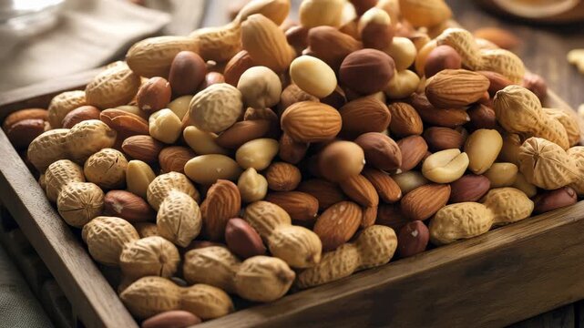 Abundant Mixed Nuts Almonds Peanuts Healthy Snack Food Wooden Bowl Close Up Macro 4K Ai HD high quality video.	
