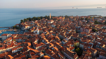 The town of Koper at dawn, seen from above. Aerial view of the Slovenian coastal tourist town on the Adriatic sea