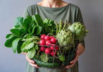 Woman holding a metal basket filled with fresh organic spring vegetables like artichokes, radishes and asparagus.
