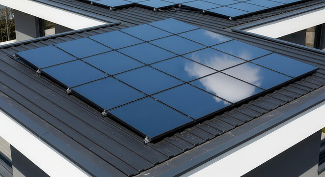 Solar panels installed on a modern building rooftop, showcasing renewable energy technology, with reflections of clouds on the glossy surface, emphasizing sustainability and innovation