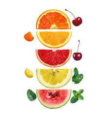Colorful fruit slices arranged vertically,  forming a rainbow pattern.  Fresh, vibrant, and healthy.  Slices of orange, grapefruit, lemon, watermelon, and cherry are layered on top of each other. 