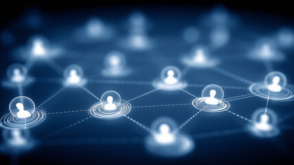 Abstract network of connected user icons illustrates teamwork, collaboration, and scalable communication across organizations.
