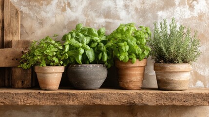 Fototapeta premium Various pots with fresh herbs like basil, mint, and rosemary are neatly arranged on a rustic wooden shelf. The textured wall creates a warm and inviting atmosphere.