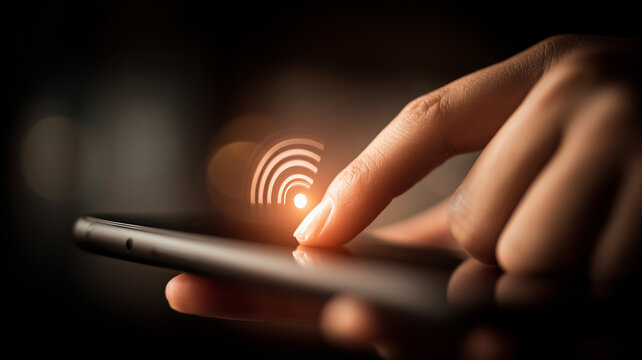 Finger activating wireless connection on smartphone, representing seamless internet access, network connectivity, and modern mobile communication.
