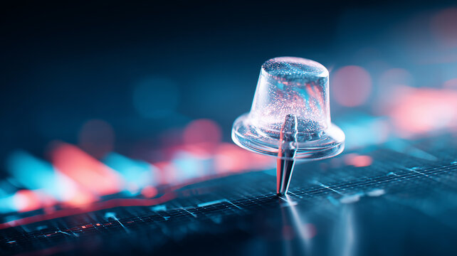 Glass pushpin marking a key data point on a digital dashboard, symbolizing goals, priorities, and progress.
