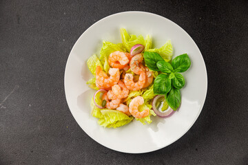 Shrimp salad seafood tasty snack fresh delicious gourmet food background on the table rustic top view copy space keto and paleo diet vegetarian food pescetarian diet