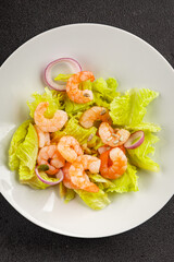 Shrimp salad seafood tasty snack fresh delicious gourmet food background on the table rustic top view copy space keto and paleo diet vegetarian food pescetarian diet
