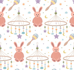 Seamless pattern with baby toys mobile, pink bunny and rattle. Charming background with children's objects