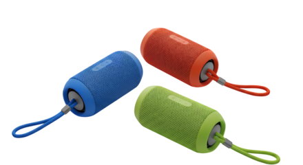 Three colorful portable wireless speakers, in vivid blue, red, and green, showcasing a compact cylindrical design with wrist straps, isolated on transparent background