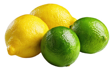 Close-up of clustered lemons and limes.  Bright yellow lemons and vibrant green limes grouped together, isolated against a black background.  Fruits appear fresh and whole