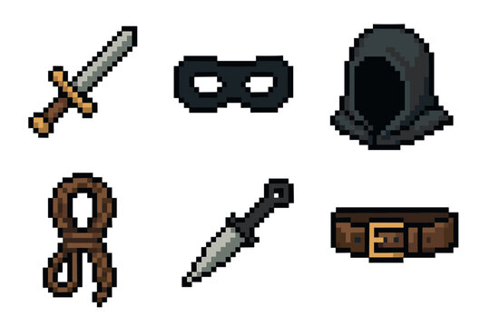 Pixel art collection of six fantasy-themed items including a sword, mask, hood, rope, dagger, and belt, each shown with distinct details on a white background.