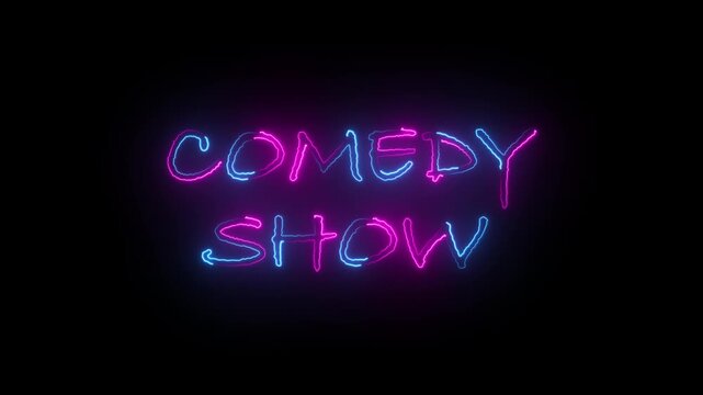 Comedy Show text font with neon light animation. Luminous and shimmering haze inside the letters of the text Comedy Show.