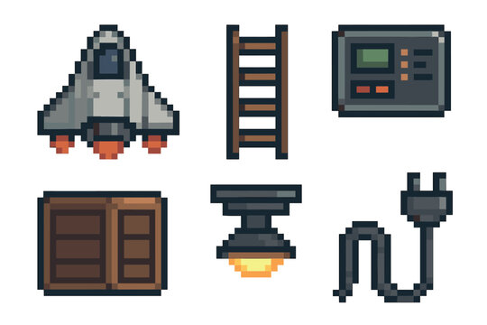 Pixel art set featuring a spaceship, ladder, control panel, wooden crates, hanging lamp, and a power plug, illustrating retro gaming style.