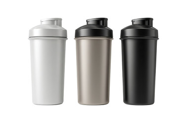 Three Shaker Bottles White Tan Black isolated on a transparent background