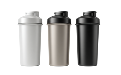 Three Shaker Bottles White Tan Black isolated on a transparent background