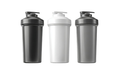 Three Shaker Bottles in Black White and Gray isolated on a transparent background