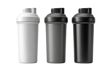 Three shaker bottles white grey black isolated on a transparent background 1