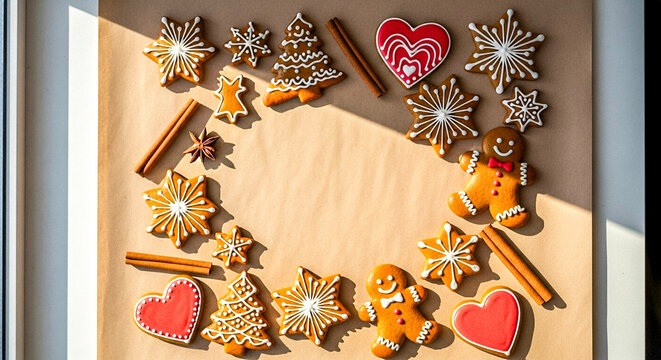 Gingerbread cookies arranged in a festive circular pattern on table  