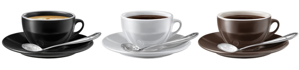 Three coffee cups, black, white, and brown