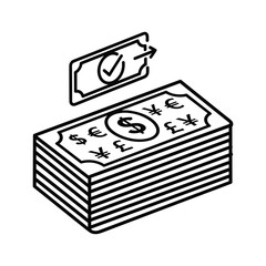 Stack of money with currency symbols and a bill with checkmark