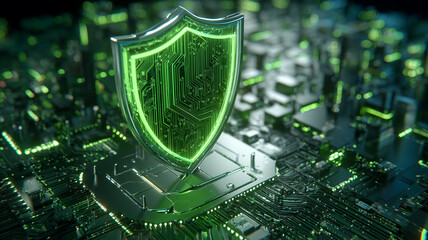 Technology shield on a processor, symbolizing endpoint protection, secure hardware, and trusted computing for sensitive data and compliance.
