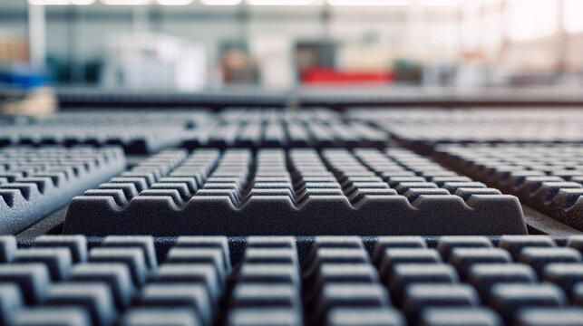 Soundproofing acoustic foam panels on production line. Manufacturing facility for noise insulation materials, industrial assembly of sound dampening products, factory warehouse interior view.