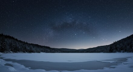 Celestial panorama stretches above a frozen lake bordered by dark, snow-covered forests at night