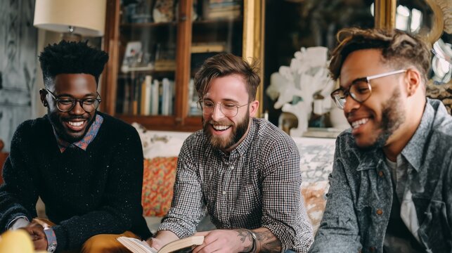 Friends enjoying a lively discussion while reading in a cozy living room