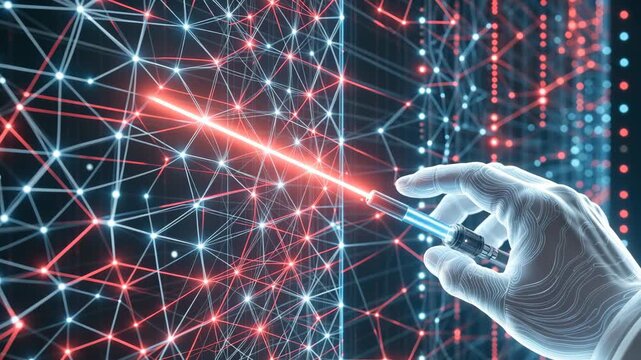 A robotic hand using a laser pointer to interact with a glowing neural network grid, representing artificial intelligence, advanced technology, machine learning, and digital innovation.
