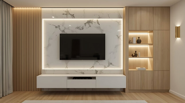 Modern living room boasts a sleek entertainment center with marble accent wall and ambient lighting, perfect for luxury home design and contemporary interiors