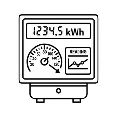 Line art illustration of an electricity meter with digital display and analog dial