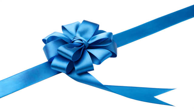 Blue gift bow and ribbon for present wrapping cut out on PNG. AI GENERATED.