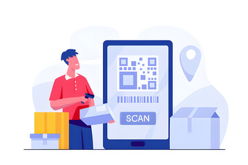 Delivery worker scanning package with phone app and barcode gun