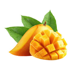 Juicy mango segments with vibrant green leaves