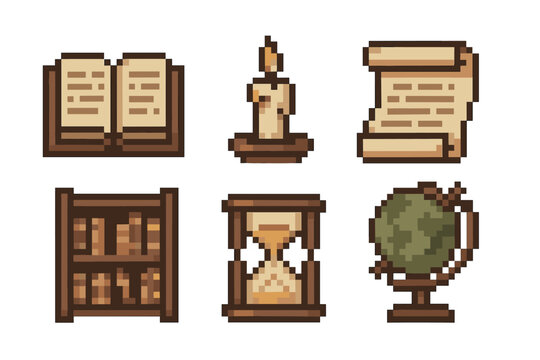 Pixel art icons of an open book, a lit candle, a scroll, a bookshelf, an hourglass, and a globe, depicting education and knowledge themes.