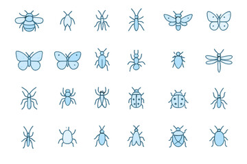 Fototapeta premium Minimalist bug and insect icons with blue glow effect