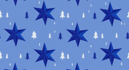 Festive Blue Stars and White Trees: Seamless Winter Pattern
