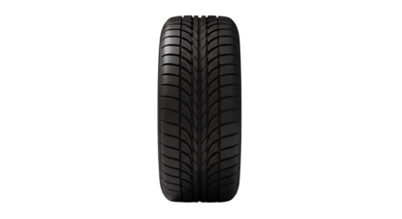 Automobile tire with detailed tread pattern, designed for all weather conditions and enhanced road safety, meticulously isolated on transparent background for product showcases