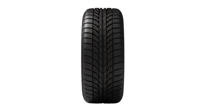 Automobile tire with detailed tread pattern, designed for all weather conditions and enhanced road safety, meticulously isolated on transparent background for product showcases