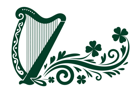 Green harp with shamrocks and decorative swirls represents Irish culture and music.