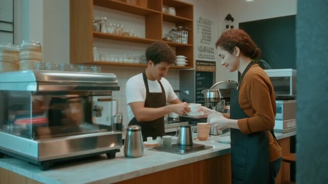 A friendly male barista skillfully hands a freshly brewed coffee to a smiling female customer across the counter in a bright, modern cafe, showcasing excellent service and daily interactions
