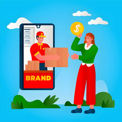 Online shopping and delivery service with customer receiving parcel