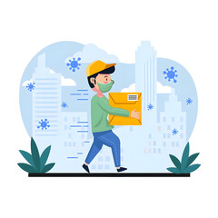 Masked courier delivering package safely in urban environment