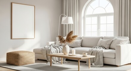 Bohemian living room with a large sectional sofa, coffee table, and decorative elements, featuring a large arched window