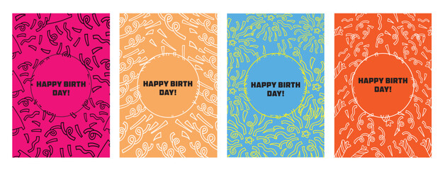 Minimalist Birthday Poster Set with Abstract Confetti Pattern and Bold Typography Design. Colorful Vector Templates for Greeting Cards, Invitations, and Party Decor.