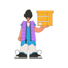Stylized person delivering package, flat vector illustration concept