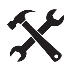 Simple black silhouette icon of a crossed hammer and adjustable wrench representing tools and repair services